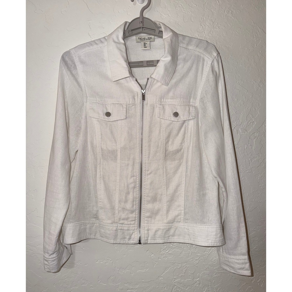 Rachel Zoe White Jacket Linen Blend Large Zip Trucker Pockets Utility Shacket